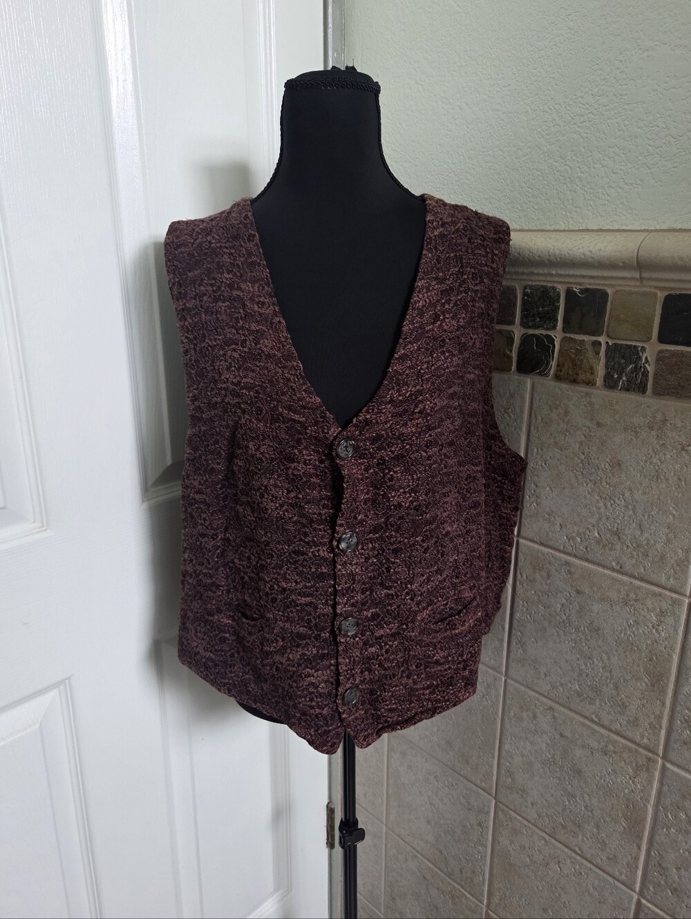CP Shades Vintage 90s Knit Button Front Vneck Vest Dark Brown Cottage Hippie L
